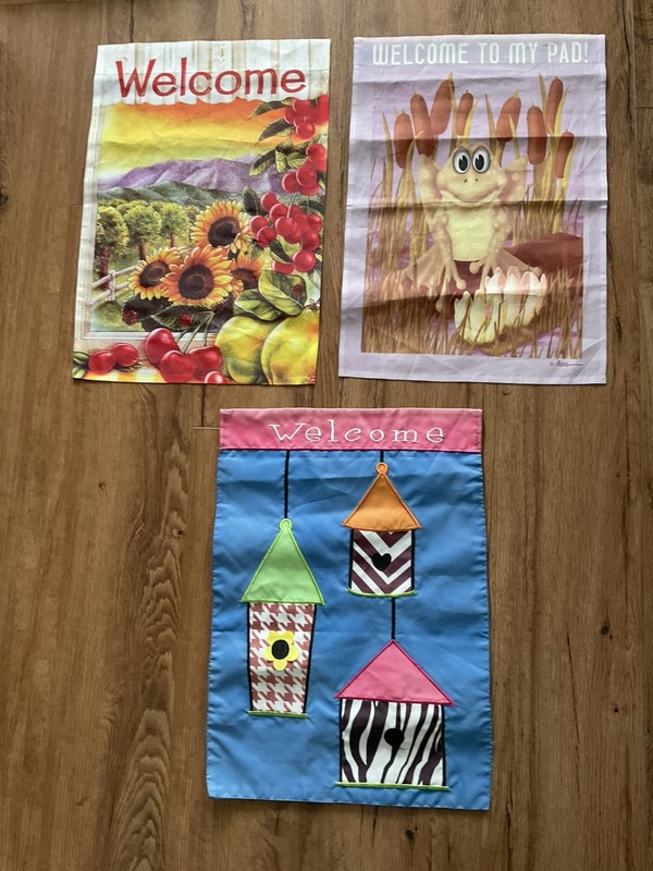 3 COLORFUL GARDEN WELCOME FLAGS - 12x18” DOUBLE SIDED FLOWERS FROGS  BIRDHOUSES 