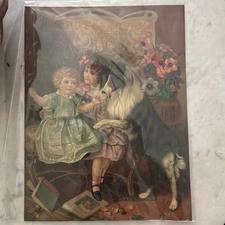 ANTIQUE GERMAN LITHOGRAPHY POSTER PRINT / CHROMOLITHOGRAPH CHILDREN DOG GERMANY