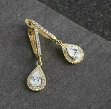 2Ct Pear Cut Simulated Diamond Halo Drop Clip On Earring 14K Yellow Gold Plated