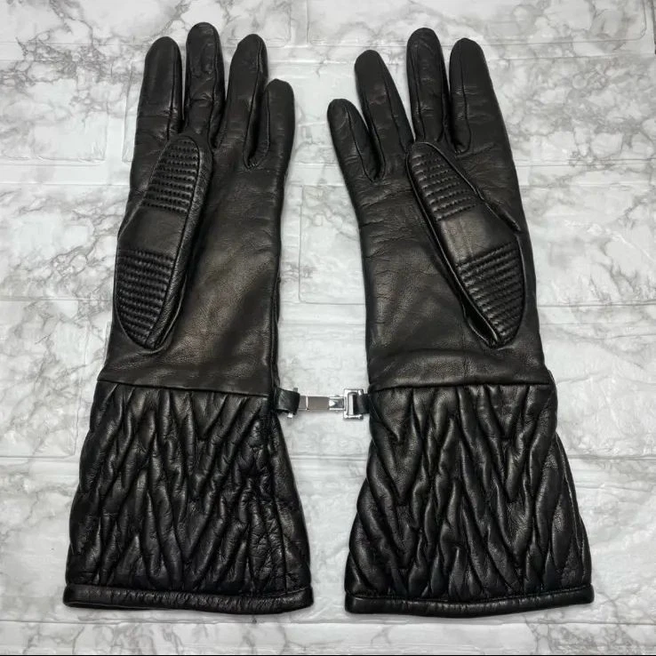 Prada Cashmere Sheepskin Leather Gloves Black Matalasse Design - Image 3 of 4