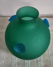 Vintage Green Satin Art Glass Orb Vase With Applied Blue Glass Punt Details, 6"H