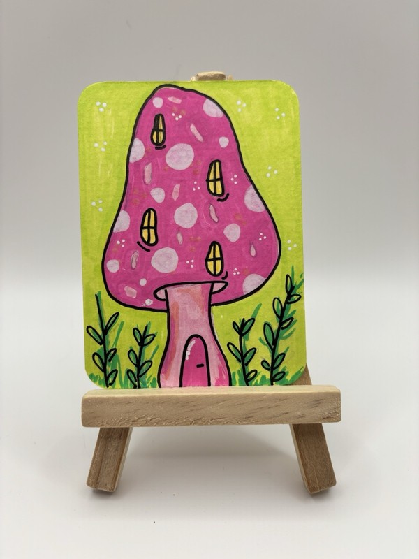 ACEO art card original Mushroom Fairy House  acrylic 2.5 x 3.5 signed by artist