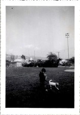 1951 Boy Running With Kite Green Jacket Dog Baseball Field Snapshot Vernacular