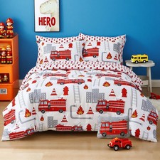 Mooreeke Kids Twin 6-Piece Fire Truck White Comforter Set for Boys Bedding