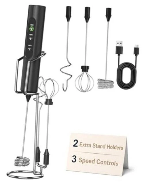Rechargeable Milk Frother Handheld with 3 Speed, 3 Detachable Whisks with