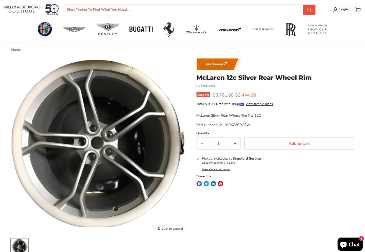 Single OEM 20" McLaren MP4 12C Rear Lightweight Wheel Rim 11B0672CP Grey Clean!