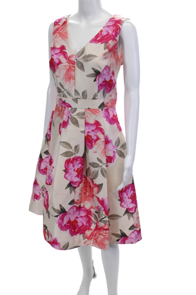 Eliza J Womens Floral Print V Neck Pleated A Line Dress White Pink Size 10 - Image 2 of 4
