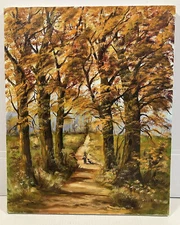 Vintage Fall Forst Landscape Painting with Boy Dog and Fishing Lake signed Diana