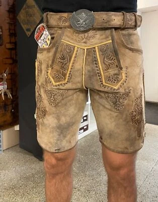 kurze Wildbock Lederhose beige-grau mit Gürtel antik look Eagle belt Leder Neu - Bild 1 von 4