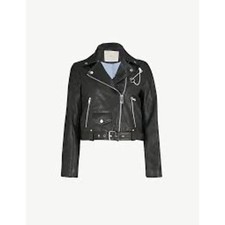 Maje Black Bassung Leather Biker Jacket With Chain Detail. Size 36 / S.