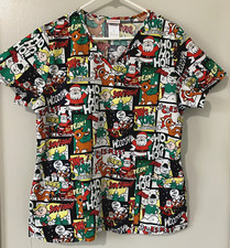 Rudolph The Red-Nosed Reindeer SCRUB TOP Santa Snowman Christmas MEDIUM  EUC