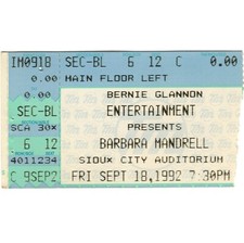 BARBARA MANDRELL Concert Ticket Stub SIOUX CITY IOWA 9/18/92  Rare