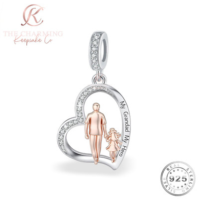 Grandad Hero Charm Genuine 925 Sterling Silver Rose Gold - Memorial / Birthday