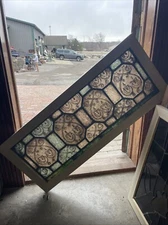 SG4992 antique painted and fired Stained Glass Transom Window 18.75 x 44.5