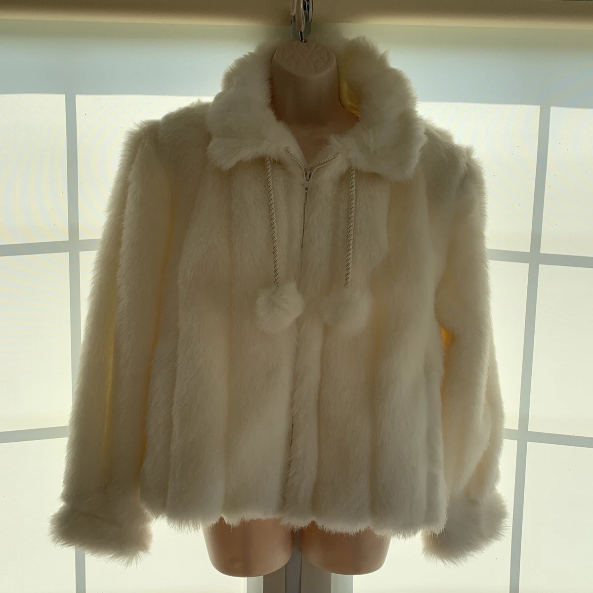 Oleg Cassini Vintage Faux Fur Coat White Size M Made in USA