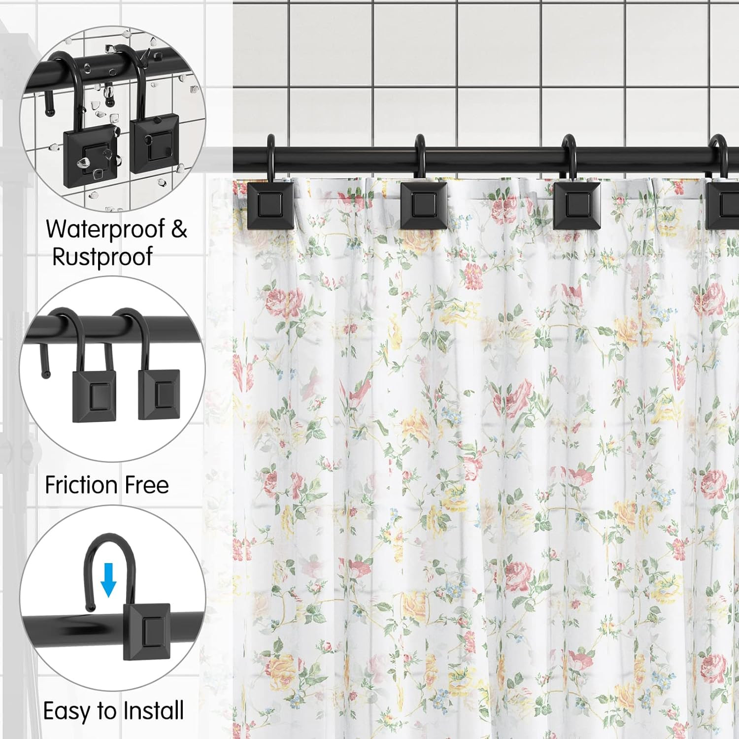 GILLAS Shower Curtain Decorative Hooks, Set of 12 Shower Curtain Rod Rings for B