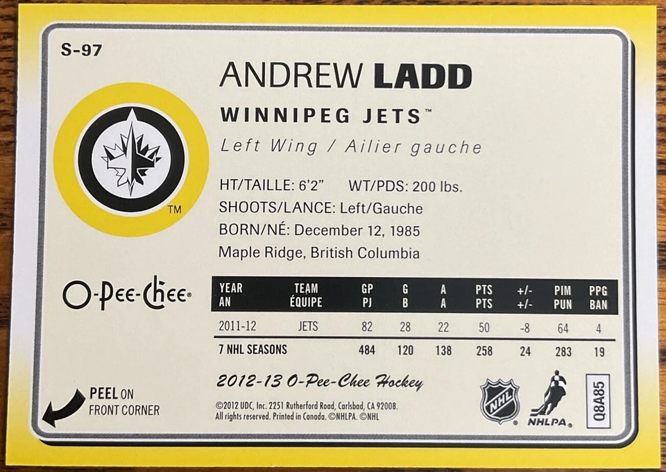 2012-13 O-Pee-Chee Stickers Andrew Ladd #S-97 Winnipeg Jets - Image 2 of 2