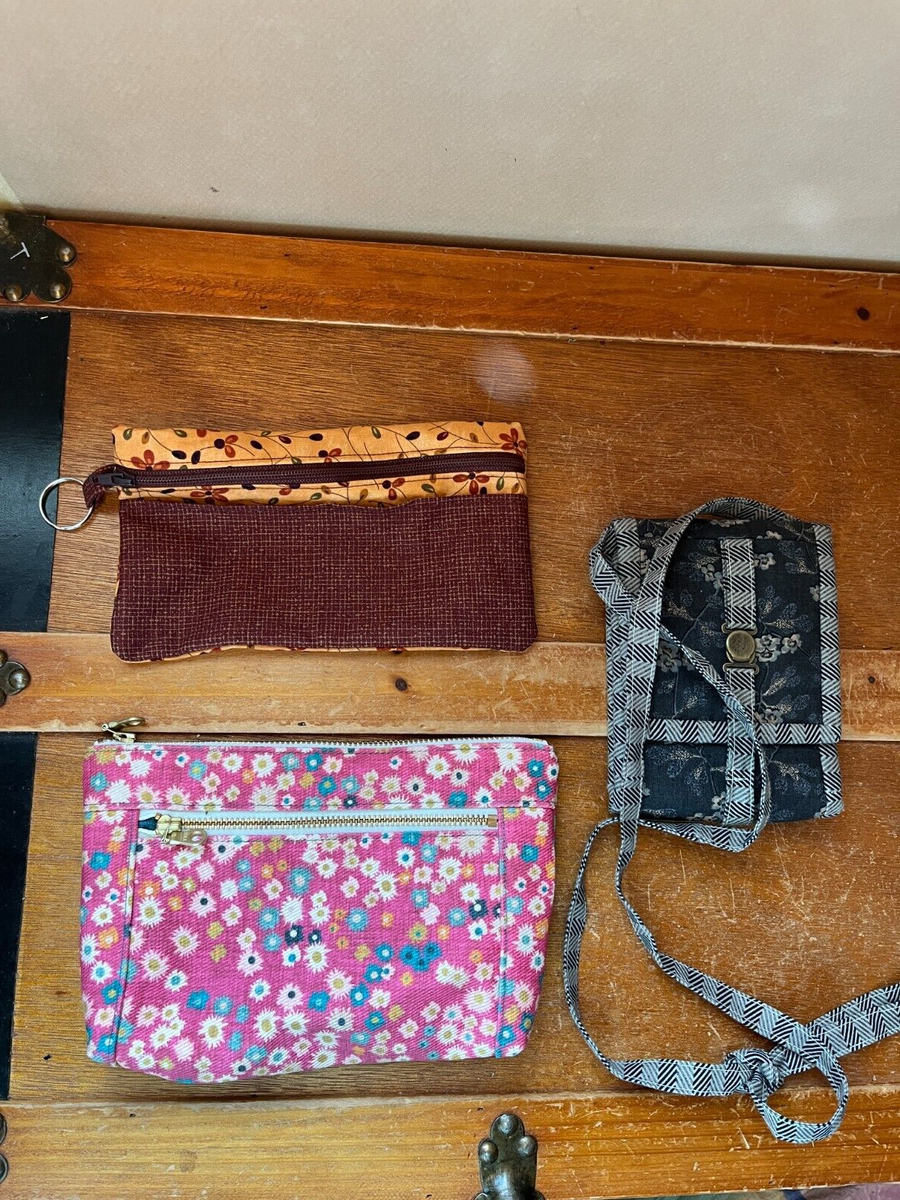 みんと Lot of Handmade Pink Heavy Denim Floral Brown Cotton Make Up Bag