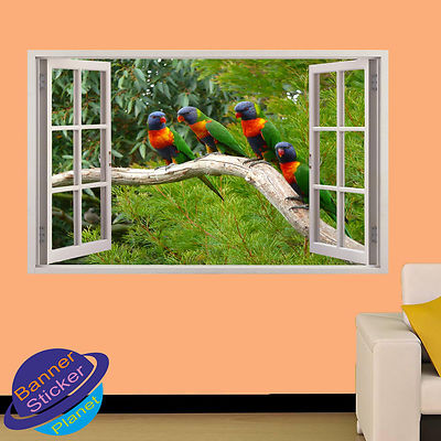 BUNTE PAPAGEIEN WILDER WALD 3D FENSTER WANDAUFKLEBER ZIMMER DEKO AUFKLEBER WANDBILD