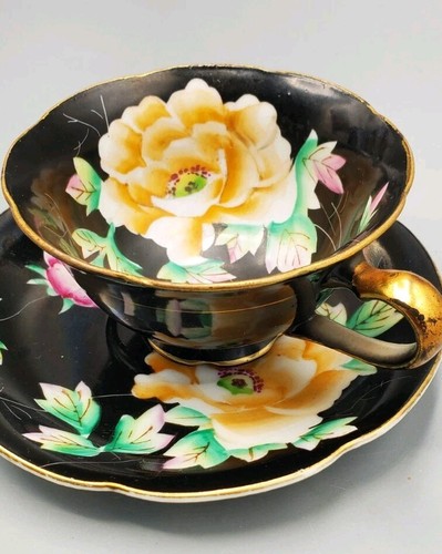 Handpainted Orion China Black With Yellow Pink Cabbage Rose Teacup Saucer Japan - Picture 12 of 12