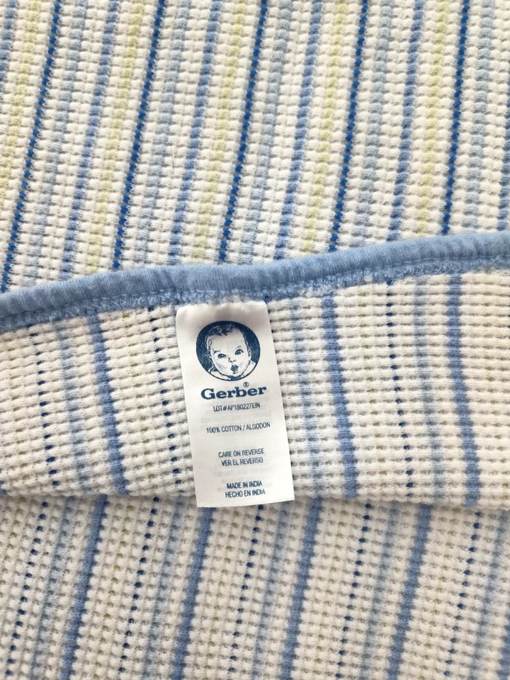 Gerber Blue Green White Thermal Baby Blanket Stripe Waffle Weave 25x30 Boy - Image 2 of 3