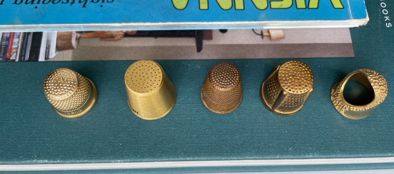 METAL Thimbles (Lot of 5) (1975, "solid brass", Sault Ste Marie, Japan) FIVE