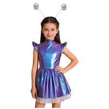 Girls Alien Costume Halloween Dresses Swing 2Pcs Dress Up Alien Headband Kids