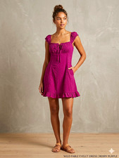 Wild Fable Eyelet Ruffle Square Neck Sleeveless A-Line Mini Dress Purple S