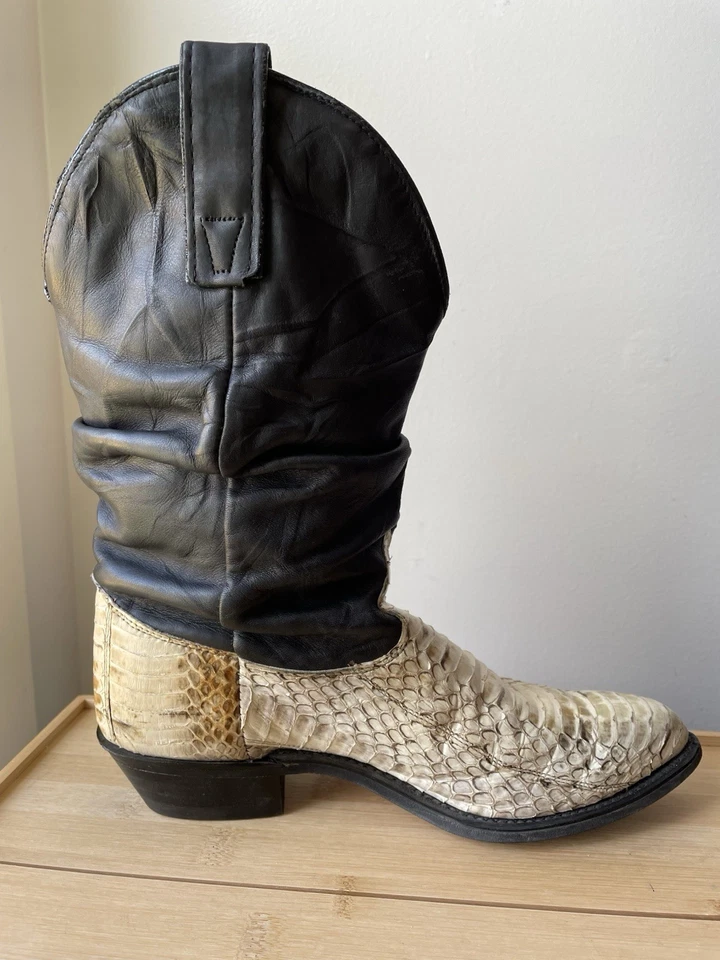Vtg Python Snakeskin Ivory Black Leather Western Cowboy Boots 7M women's Capezio - Image 4 of 4