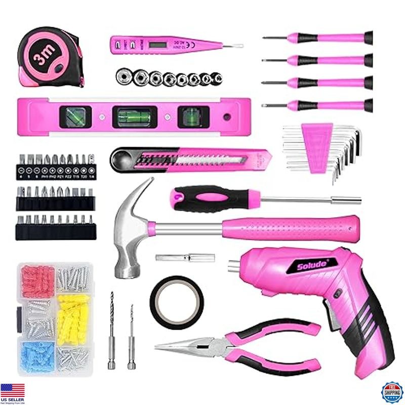 SOLUDE 130-Piece Pink Tool Set with 3.6V Cordless Screwdriver for DIY & Homes