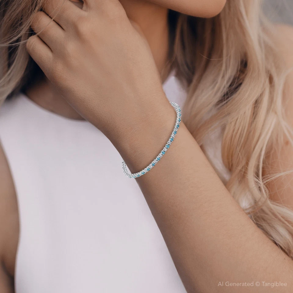 3ct TW Blue & White Real Diamond Tennis Bracelet 14K White Gold 7" - Image 4 of 4