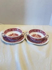Mason's Vista China Red/Pink Transferware Cream Soup Bowl & Saucer  Set Of 2
