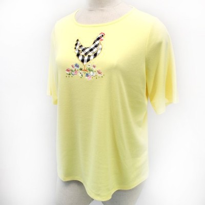 Quacker Factory Easter Chicken embroidered rhinestones blouse top yellow slit 1X