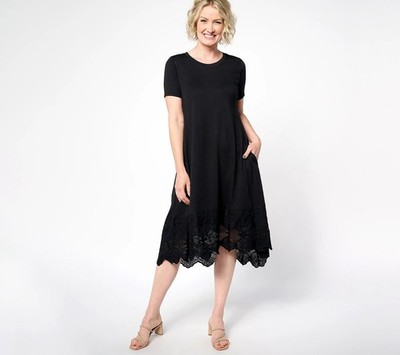 LOGO Lavish by Lori Goldstein Knit Dress Size Small Regular Lace Hem Black Chic