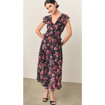 パーティードレス Silk Dragon Print Twill Ruffle Neck Dress PAIGE Paradis Black Multi Floral Silk Ruffle Midi Maxi Dress