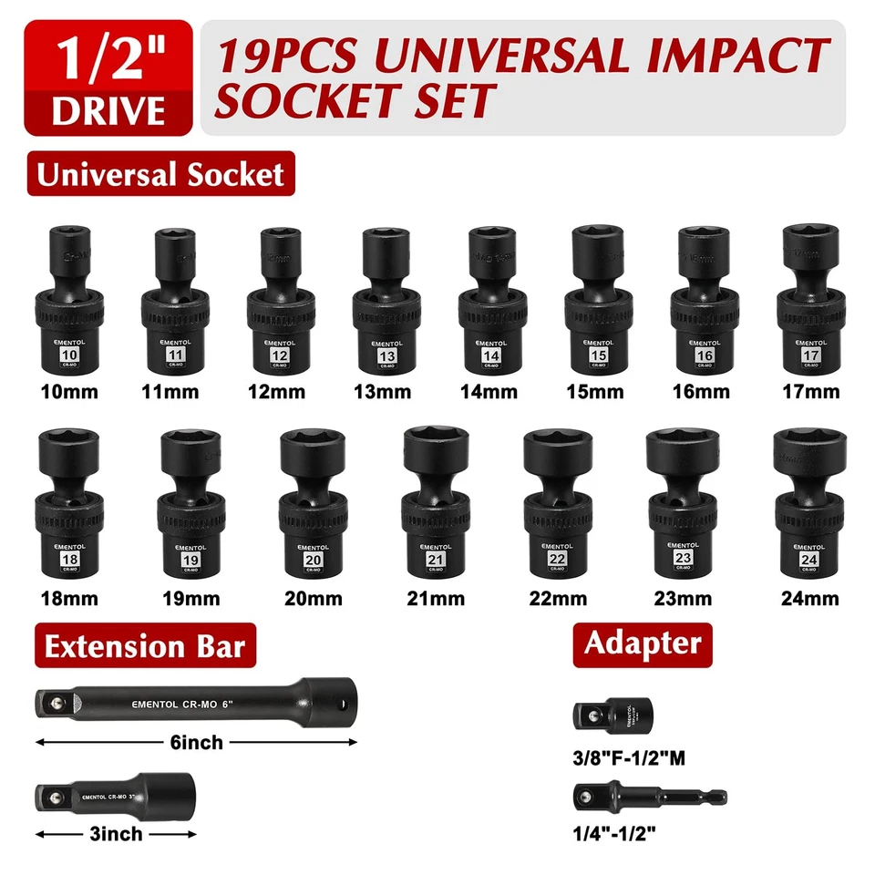 19PCS 1/2" Drive Universal Impact Socket Set, Swivel Socket with Flexible Wob... - Image 2 of 4