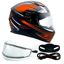 Orange Full Face Snowmobile Helmet Dual Lens Heated shield Retractable Sun Visor