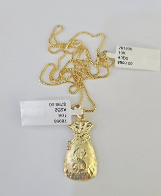 10K Solid Franco Chain Money Bag Pendant Dollar Charm Necklace 18''-24'' 1.5mm
