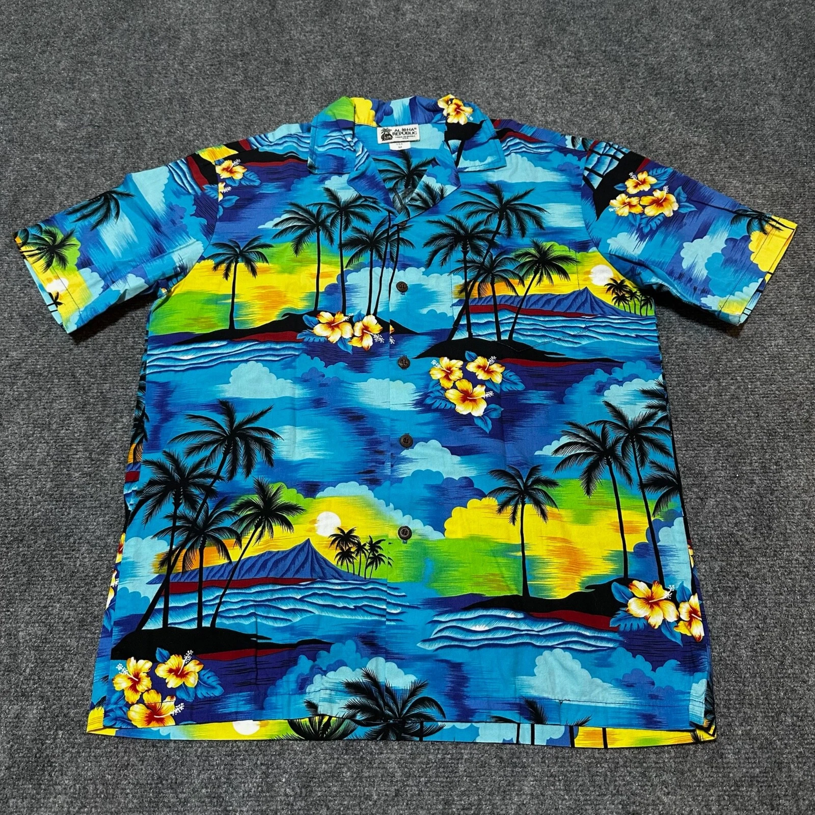 Aloha Republic Shirt Mens Medium Blue Palm Trees Button Down Hawaii Made USA