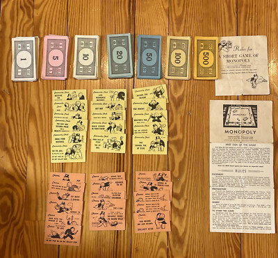 Vintage Monopoly 1954 Board Game Chance/Comm Chest Cards, Money