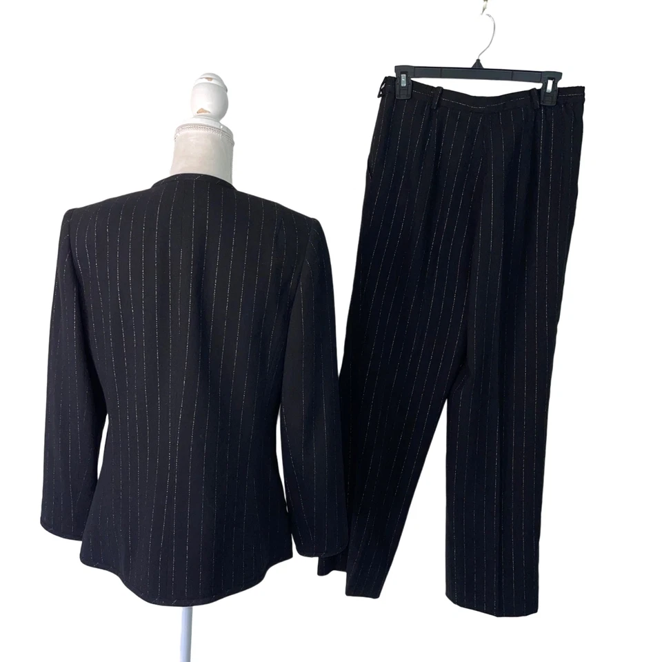 Traje David Hayes Mujer Vintage Talla 8 Negro Lana Crepé Hilo Plateado Metálico Foto 3 de 4