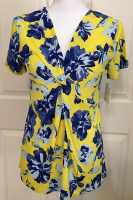 NWT Ellen Tracy size S yellow blue floral v-neck short sleeve top women's