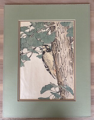 Imao Keinen (1845   1924) Great Spotted Woodpecker Japan Woodblock Print Signed
