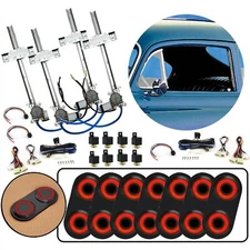 4 Door Flat Glass Power Window Kit w/ Red Lighted Black Billet Aluminum Switches