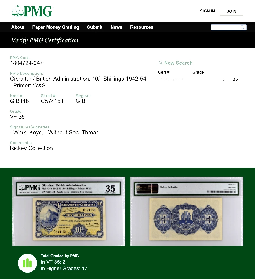 Gibraltar 10/- Shillings 1942 Pick# 14b PMG 35 Choice Very Fine - Image 3 of 4