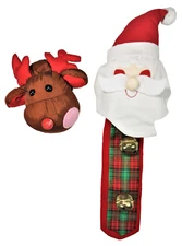 2 Christmas Holiday Door Knob Covers Plush Reindeer Santa