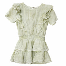 LoveShackFancy Swiss Dot Ruffle Dress Small Sage Pastel Cottagecore Smocked Wais