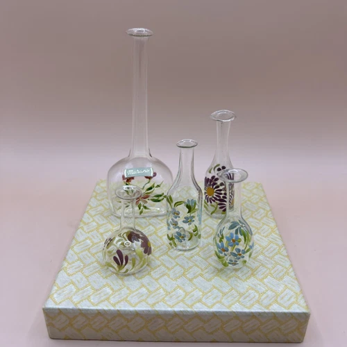 MURANO ITALY CLEAR GLASS Mini VASE SET OF 5 FLORAL HAND PAINTED -VINTAGE