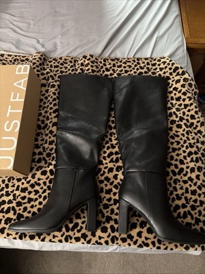 Just Fab Monrow Heeled Boots Size 12 Black Knee High Faux Leather Block Heel