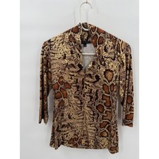 Fabrizio Gianni Metallic Gold Snakeskin Mock Neck V-Cutout Top Sz M Made in USA